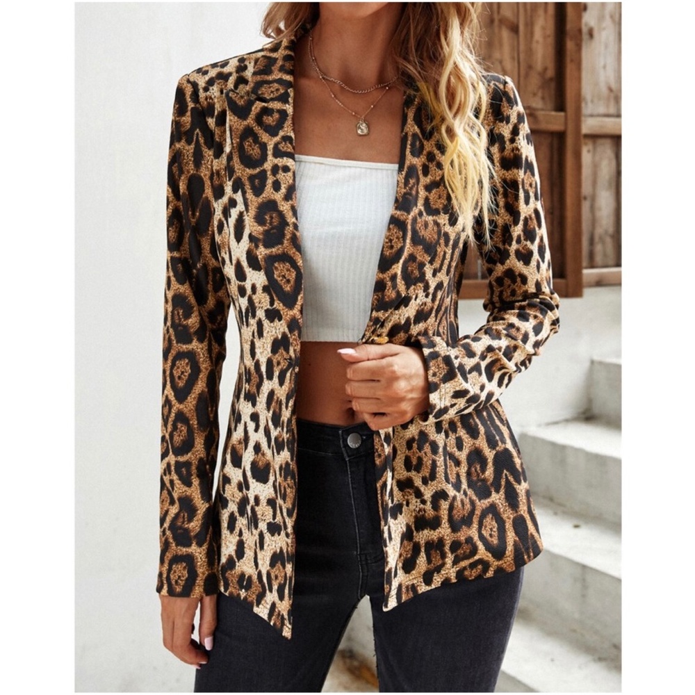 Camel Brown Leopard Print Button Up Blazer Work O… - image 1